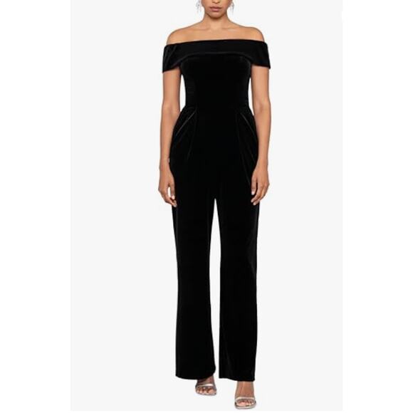 XSCAPE Women's Deta Off Shoulder Jumpsuit Size 12 Black Velvet Fold Over NWT - Picture 2 of 13